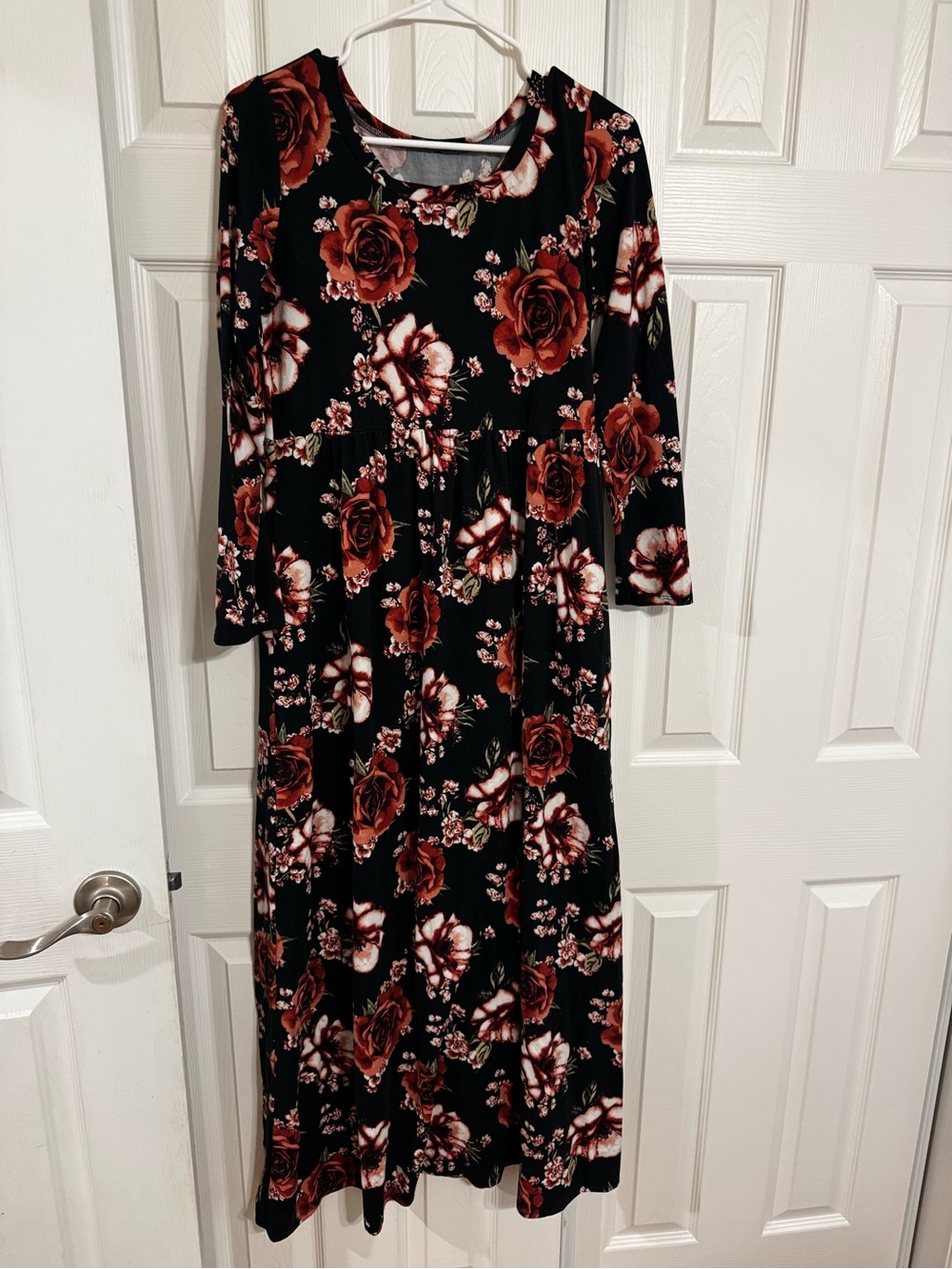 Floral Long Sleeve Maxi Dress in Black and Rust